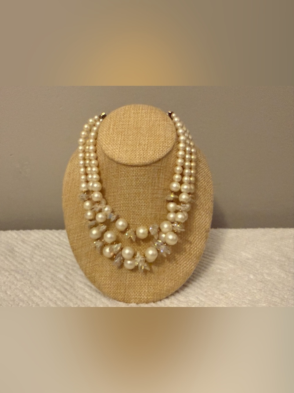 Vintage Faux Pearl Crystal Multi Strand Necklace